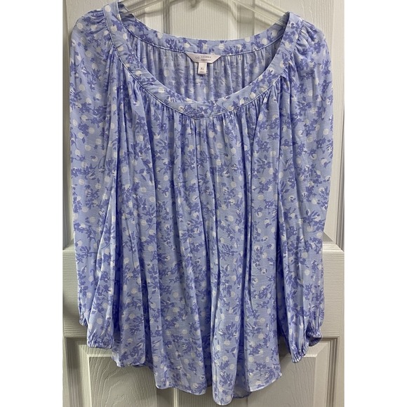 LC Lauren Conrad Tops - Lauren Conrad Womens Long Sleeve Blouse Floral Tunic Top Blue/White V-neck XL